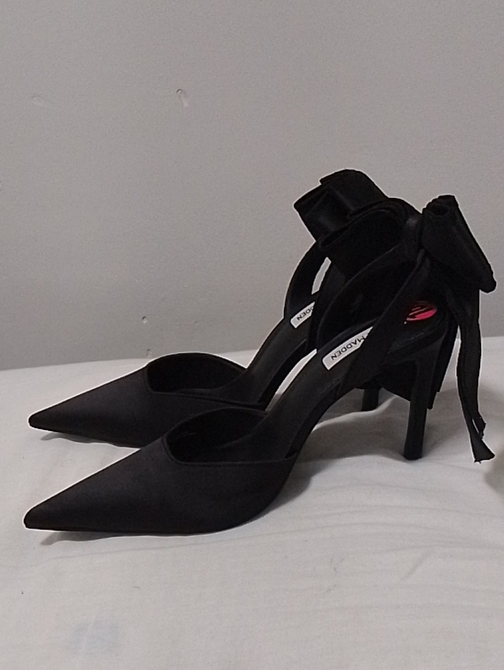 Steve Madden Black Satin Pointed Toe Bow Ankle-Strap Pumps